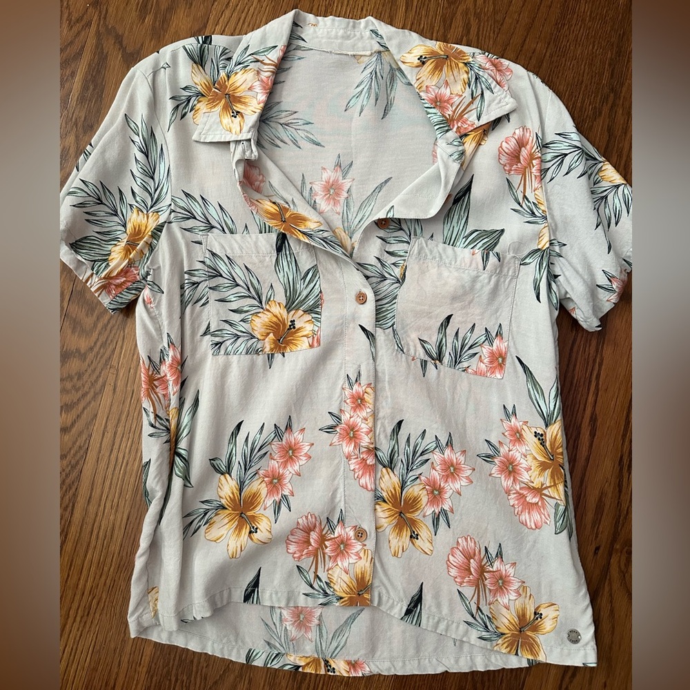 Roxy Tropical Floral Button Down Shirt - Yellow and Pink